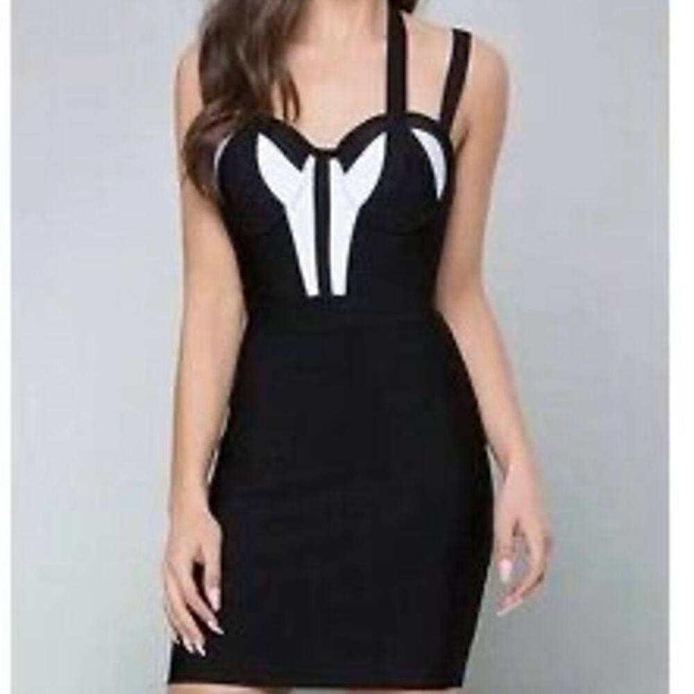 Bebe Colorblock Bandage Corset Mini Dress Bodycon Rayon Black White Coquette